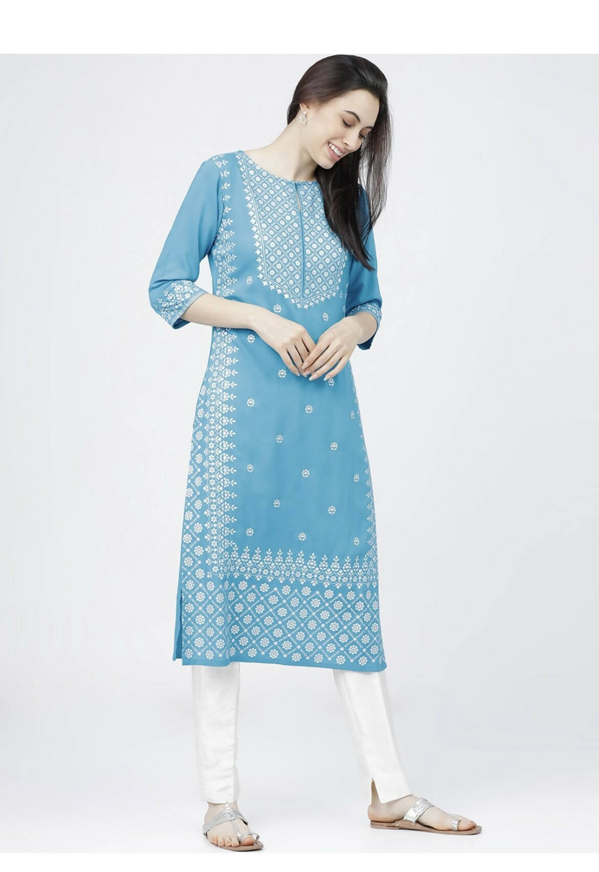 Indian Clothing Cheera Embellished Daily Wear Cotton Blend Kurta - Sky Blue | Grocsy