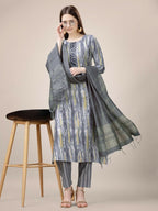 Jyoti Fashion Women's Grey Rayon Print with Embroidery & Fancy Lace Work Kurta with Trouser & Dupatta | Grocsy