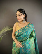Joban Fashion Turquoise Geometric Pattern Soft Silk Patola Saree | Grocsy