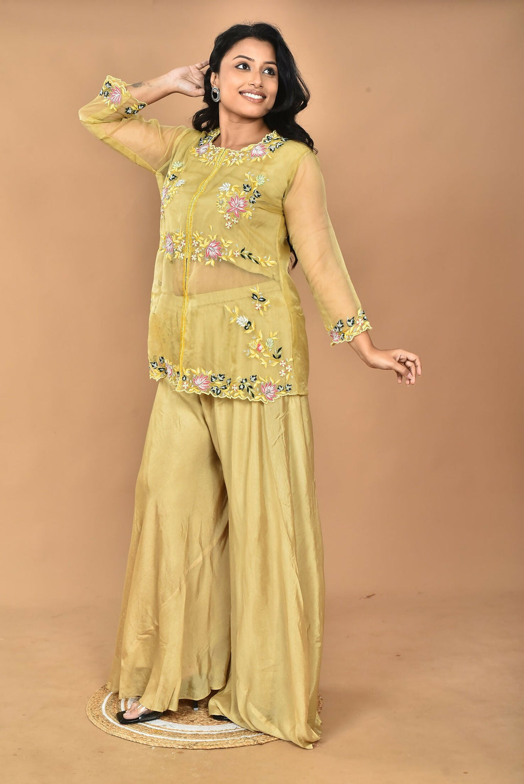 Morchari Women And Hand Embroidery Palazzo Set-Mustard | Grocsy