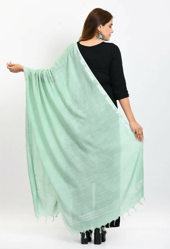 Mominos Fashion Moeza Women's Linen Cotton Silver Border Pista Green Dupatta | Grocsy