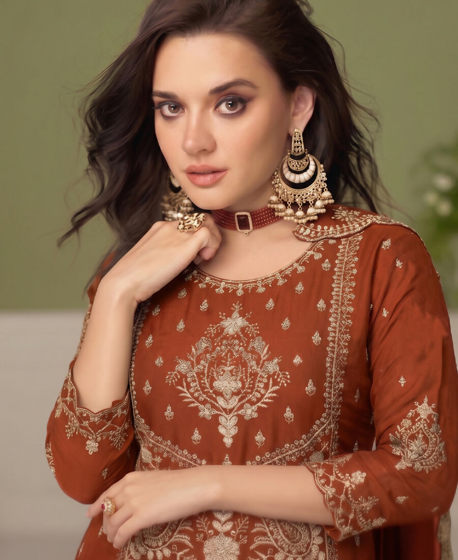KC Orange Wedding Wear Embroidered Crush Silk Salwar Suit | Grocsy