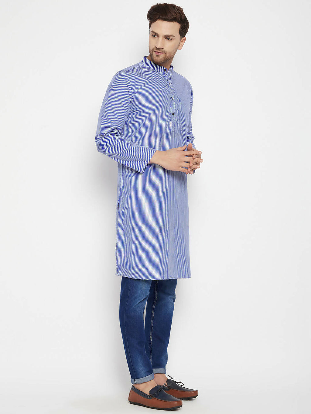 Even Apparels Blue Color Pure Cotton Long Men's Kurta With Band Collar | Grocsy