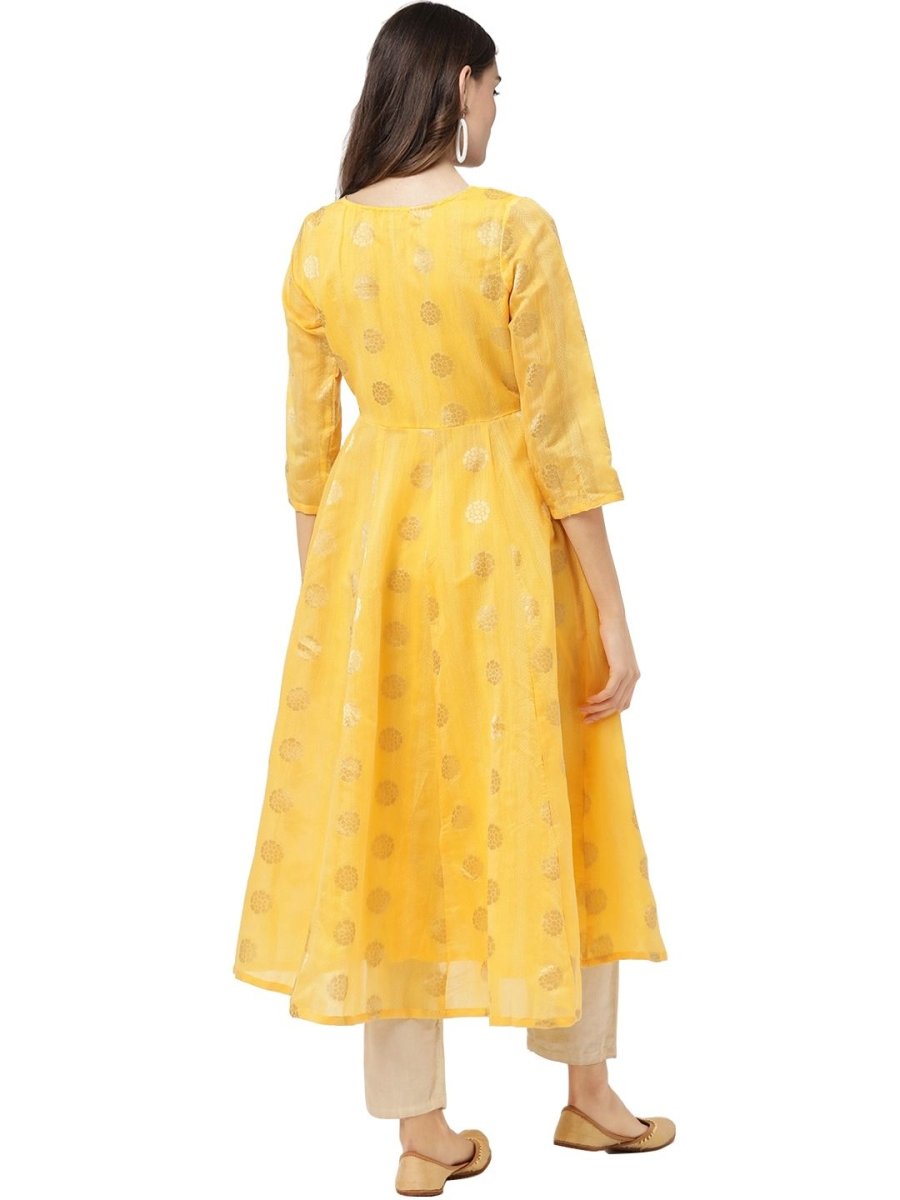 Ahalyaa Women Yellow Chanderi Jacquard Woven Dress | Grocsy