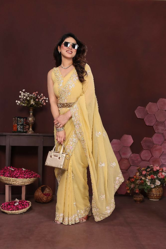 PR Fashion Yellow Georgette Embroidery Work With Embroidery Work Blouse Saree | Grocsy