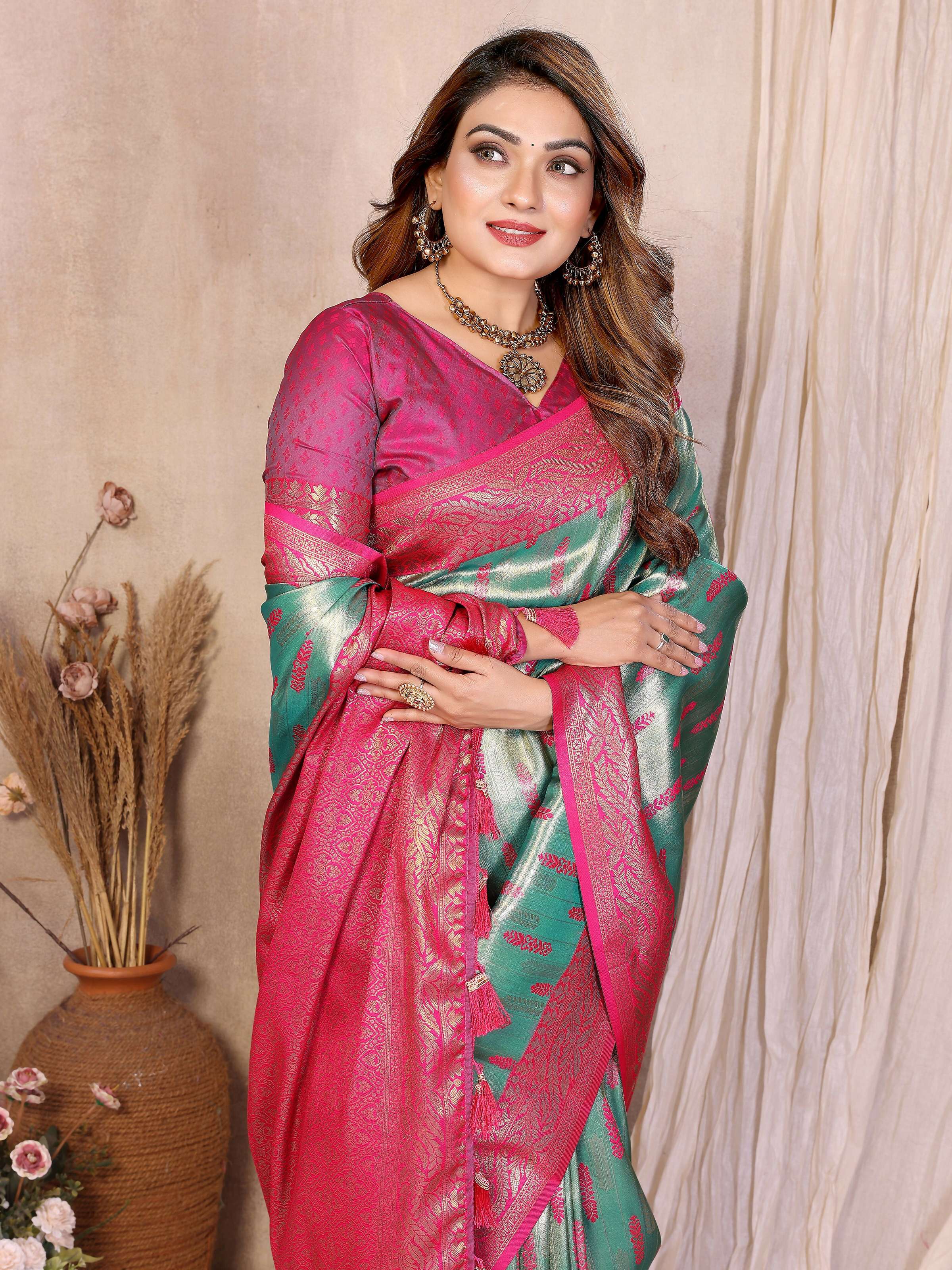 Aastha Fashion Sea Green Tissue Silk Paithani Woven Saree | Grocsy