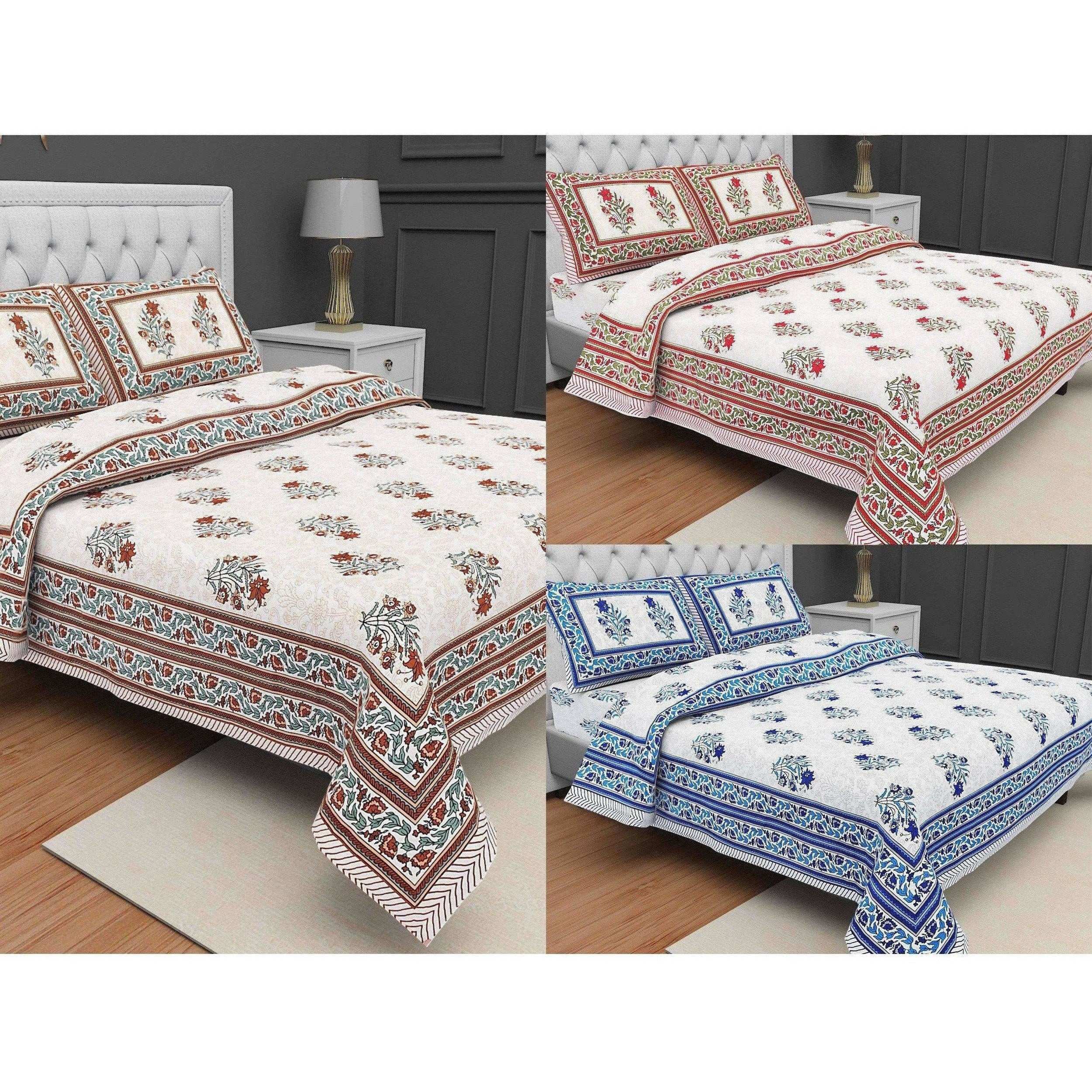 Jaipuri Hand Printed Floral 144TC Cotton DoubleQueen Bedsheet with 2 Pillow Covers | Grocsy