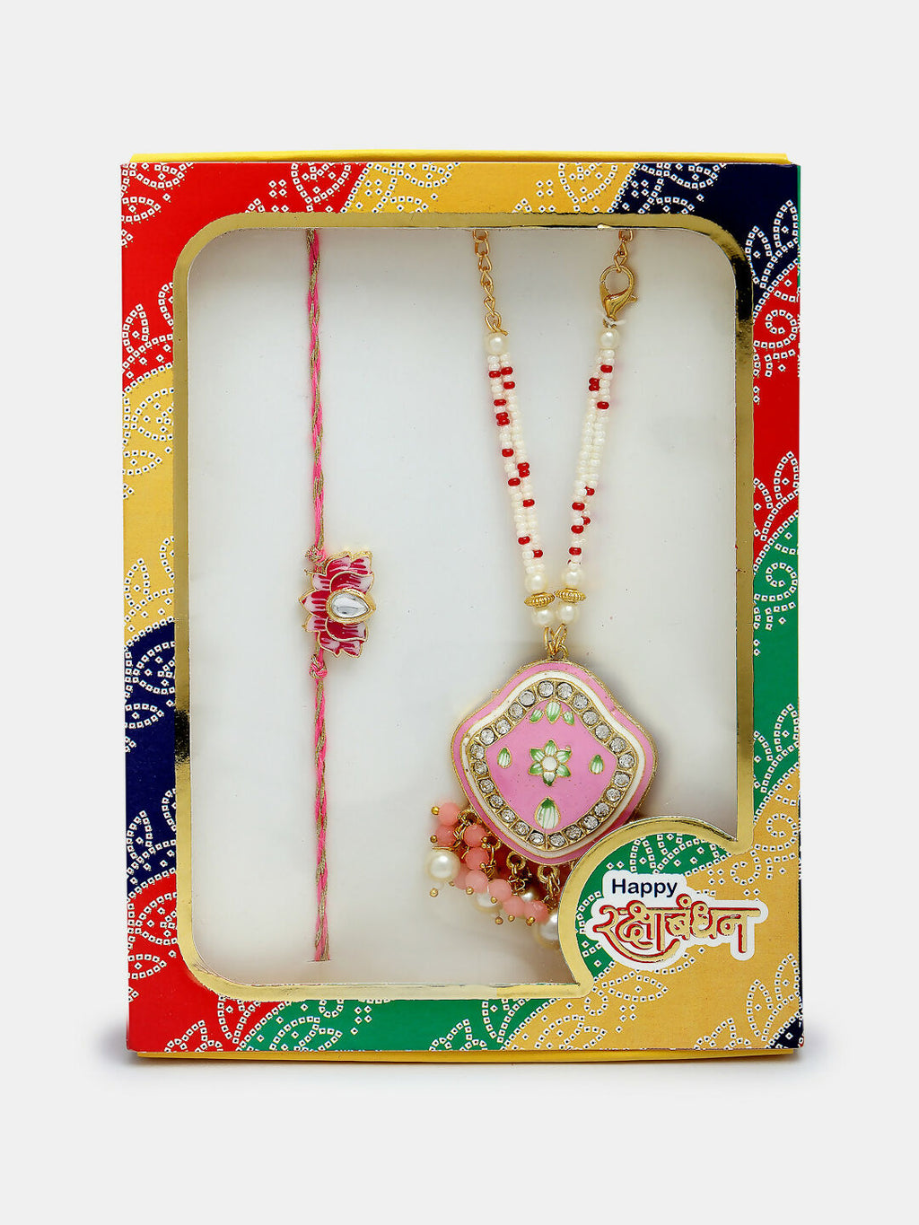 NVR Women & Men Set of 2 Pink Lotus Shape Kundan Stone-Studded & Beaded Bhaiya Bhabhi Rakhi With Roli Chawal & Chocolate | Grocsy