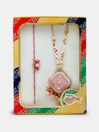 NVR Women & Men Set of 2 Pink Lotus Shape Kundan Stone-Studded & Beaded Bhaiya Bhabhi Rakhi With Roli Chawal & Chocolate | Grocsy