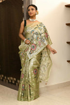 Joban Fashion Green Saree Tissue Zari Buti Allover Applick With Contrast Blouse | Grocsy