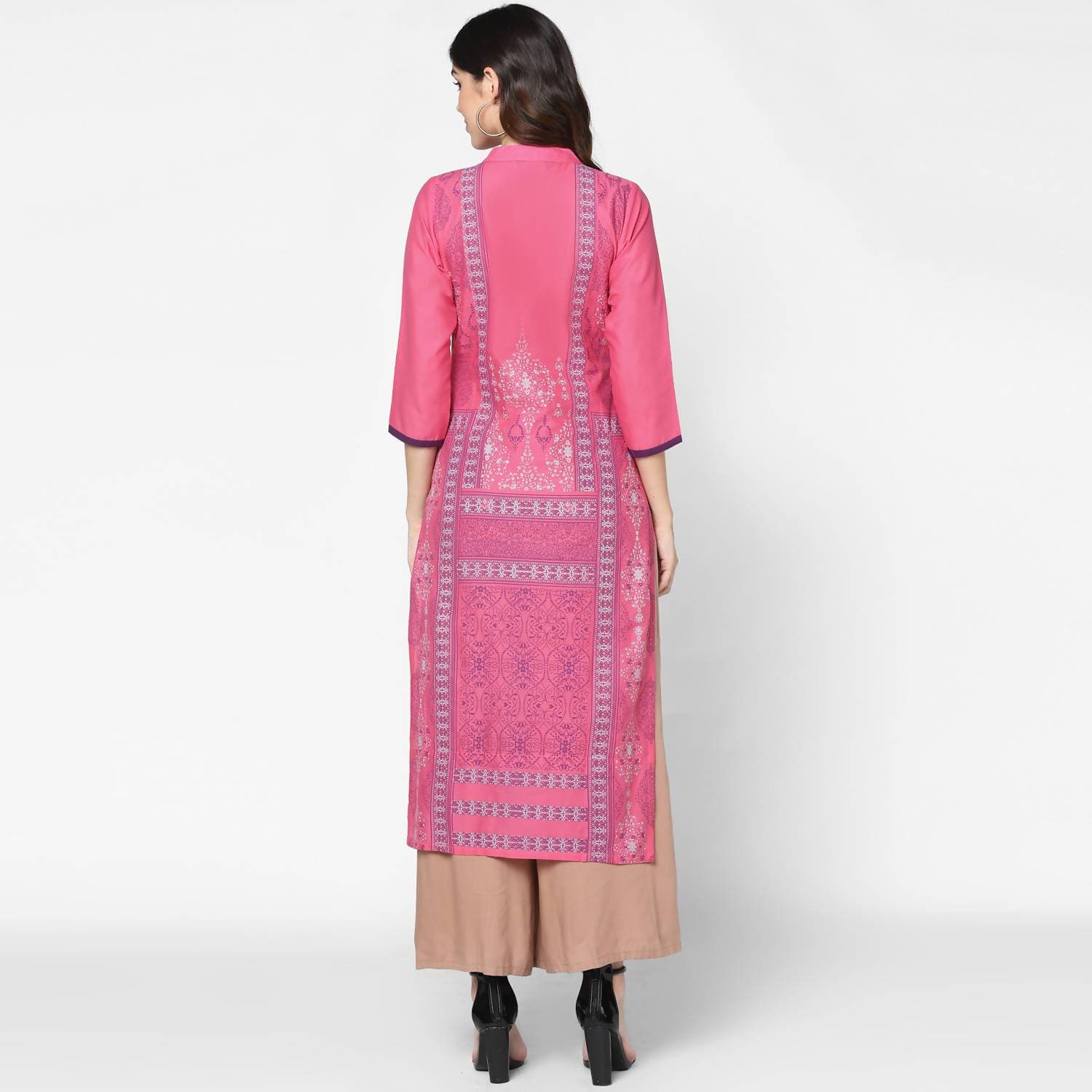 Cheera Hand Block Print Baby Pink Straight Kurta (MAAI-048K) | Grocsy