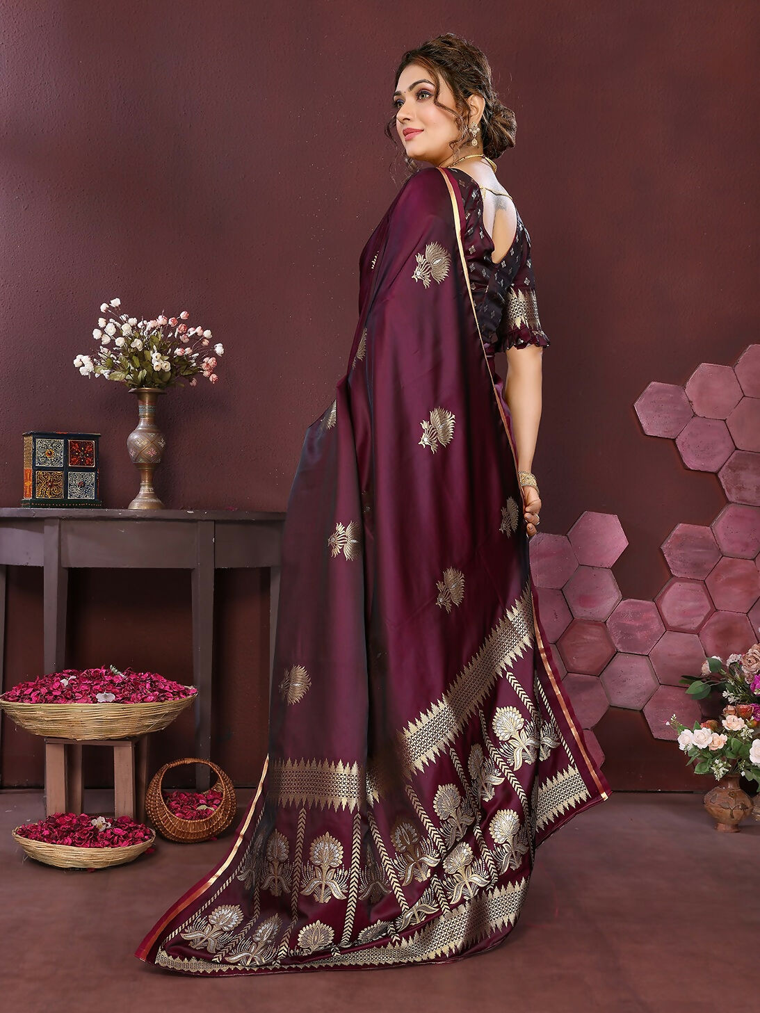 Joban Fashion Wine Floral Motifs Banarasi Silk Sarees | Grocsy