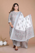 Miravan Women's Plus Size Blue Floral Printed Gota Patti Cotton Kurta With Palazzo And Dupatta Set | Grocsy