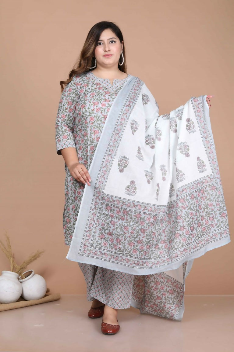 Miravan Women's Plus Size Blue Floral Printed Gota Patti Cotton Kurta With Palazzo And Dupatta Set | Grocsy