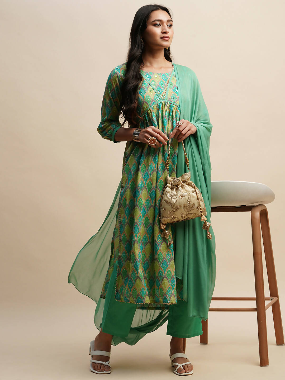 Sea Green Pure Cotton Bandhani Printed Naira Cut Kurta And Bottom With Dupatta - Akashara | Grocsy