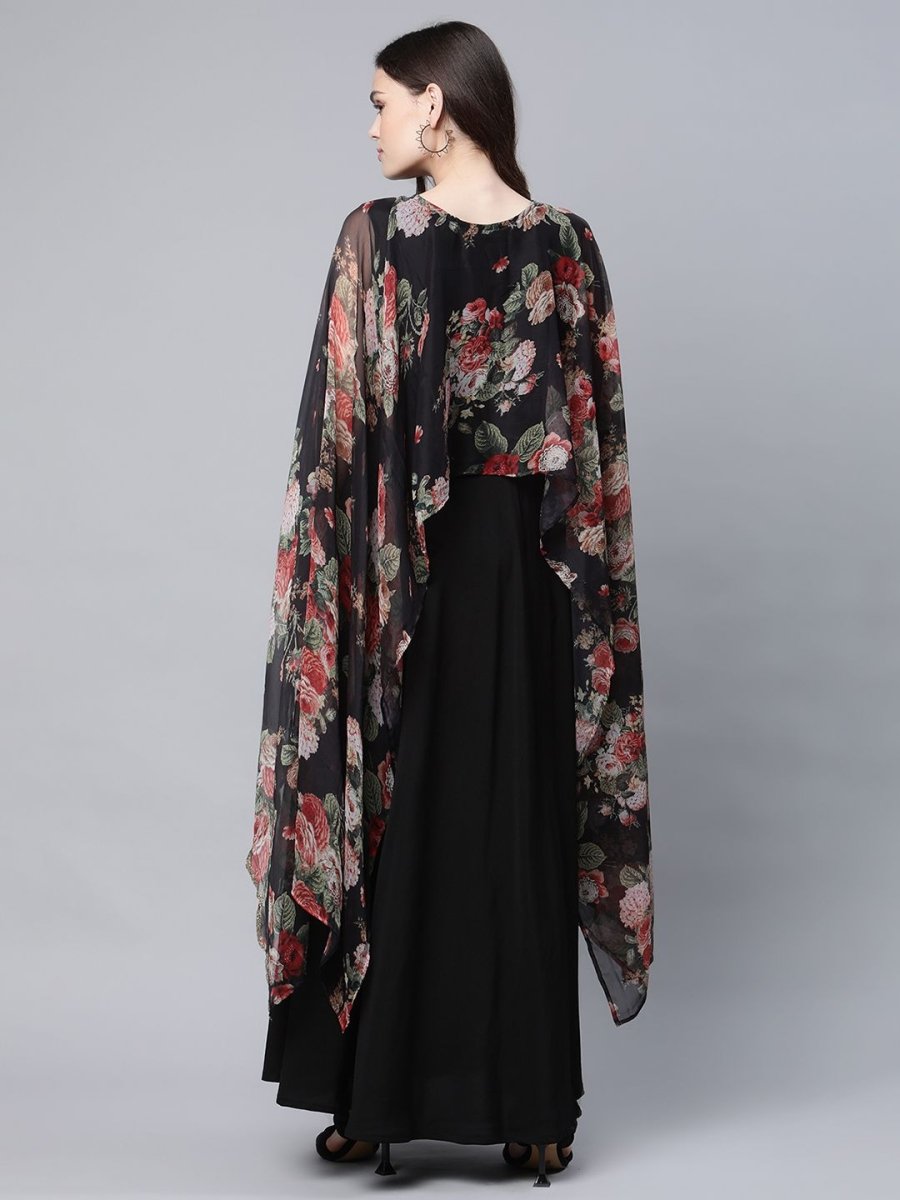 Ahalyaa Women Black Crepe Dress With Attached Dupatta | Grocsy
