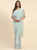 Light Blue Lycra Solid Ready to Wear Saree with stitched Blouse - Nita | Grocsy