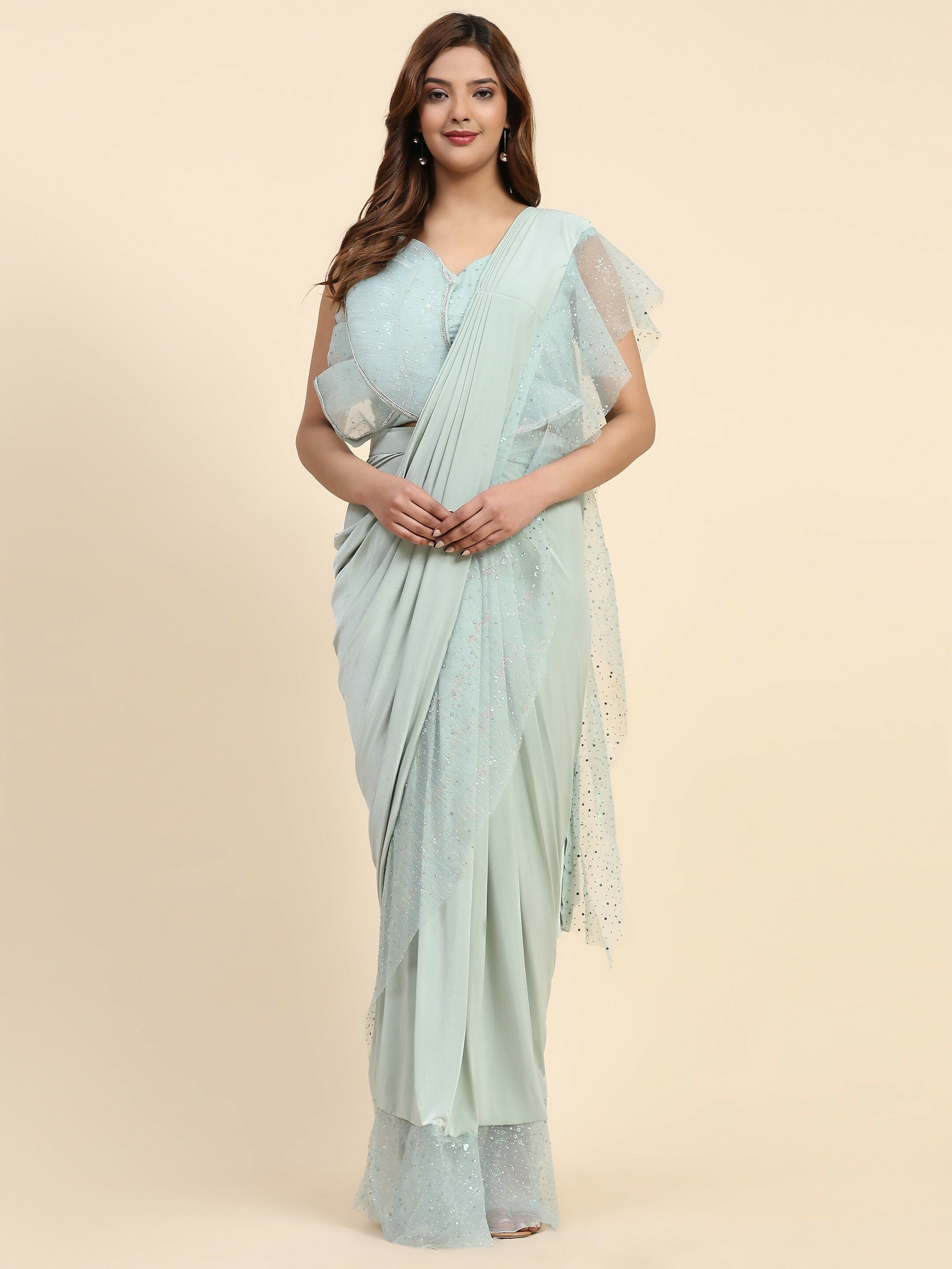 Light Blue Lycra Solid Ready to Wear Saree with stitched Blouse - Nita | Grocsy