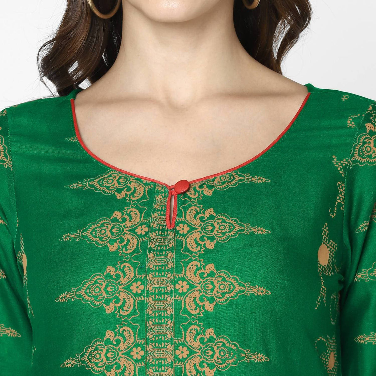 Cheera Hand Block Print Bottle Green Straight Kurta (MAAI-065K) | Grocsy