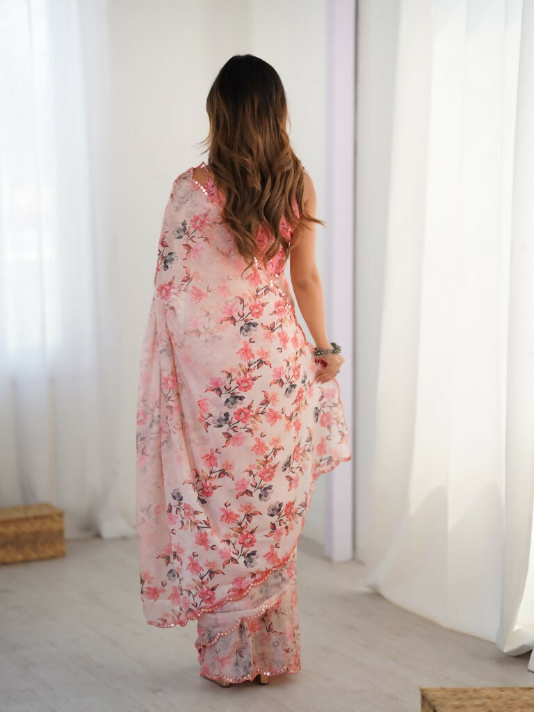 Pink Chinon Designer Digital Printed,Mirror Cut Work Saree - Elayna | Grocsy