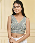 Amodini Designer Studio Teal Sequined Pearl Cutdana Sleeveless Padded Blouse | Grocsy