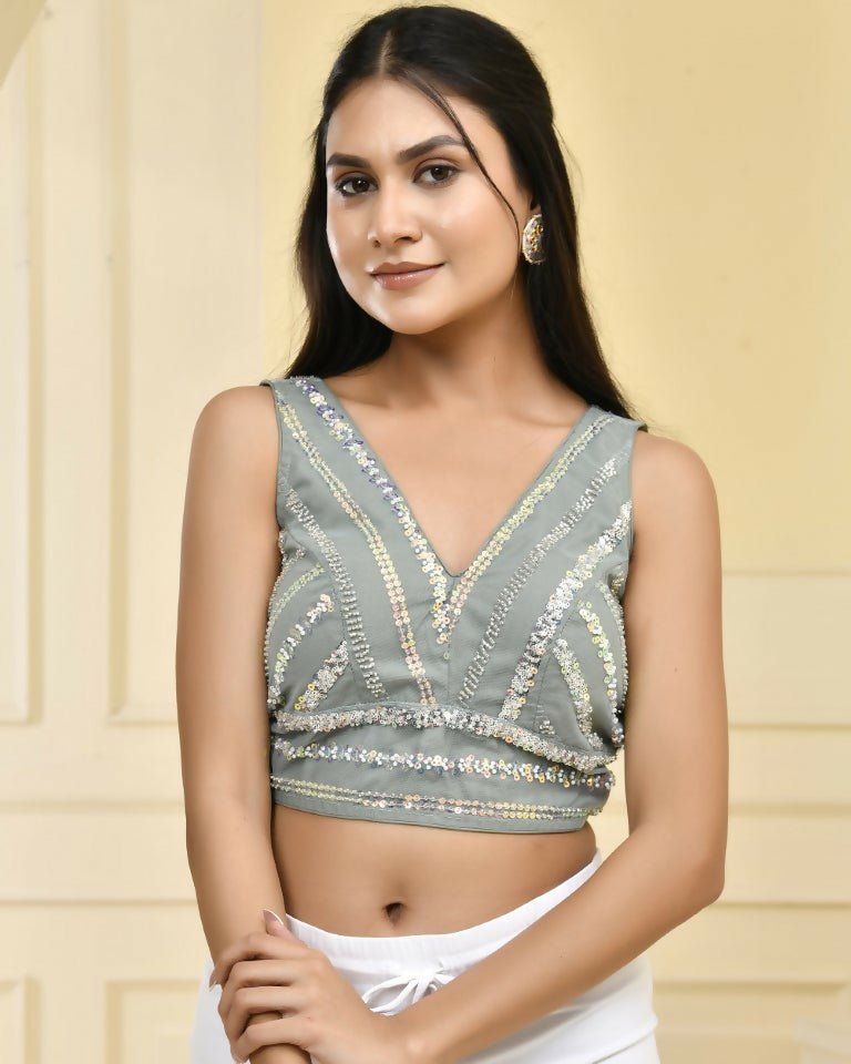 Amodini Designer Studio Teal Sequined Pearl Cutdana Sleeveless Padded Blouse | Grocsy