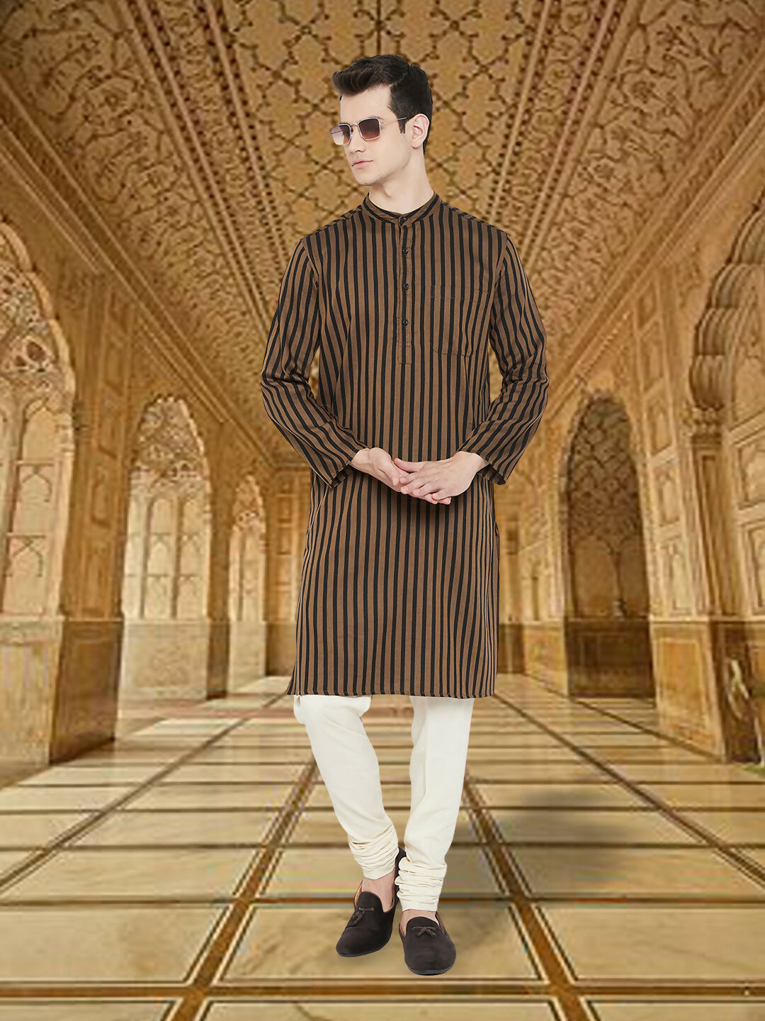 Even Apparels Men's Striped Brown and Black Kurta | Grocsy