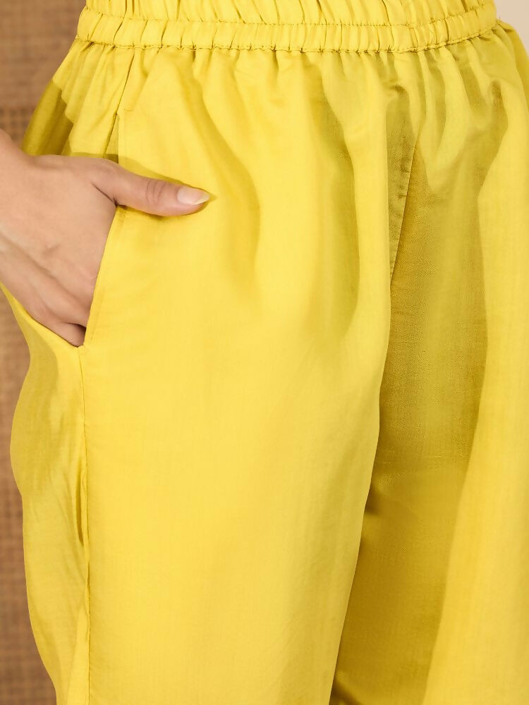 Joban Fashion Women Yellow Roman Silk Embroidered Stitched Kurta Set | Grocsy
