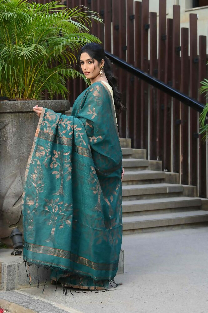 Beatitude Green Cotton Floral Jamdani Saree | Grocsy