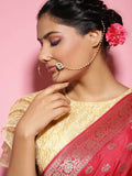 Gold-Polished White Kundan Studded Nose Pin With Beaded Extension - Ruby Raang | Grocsy