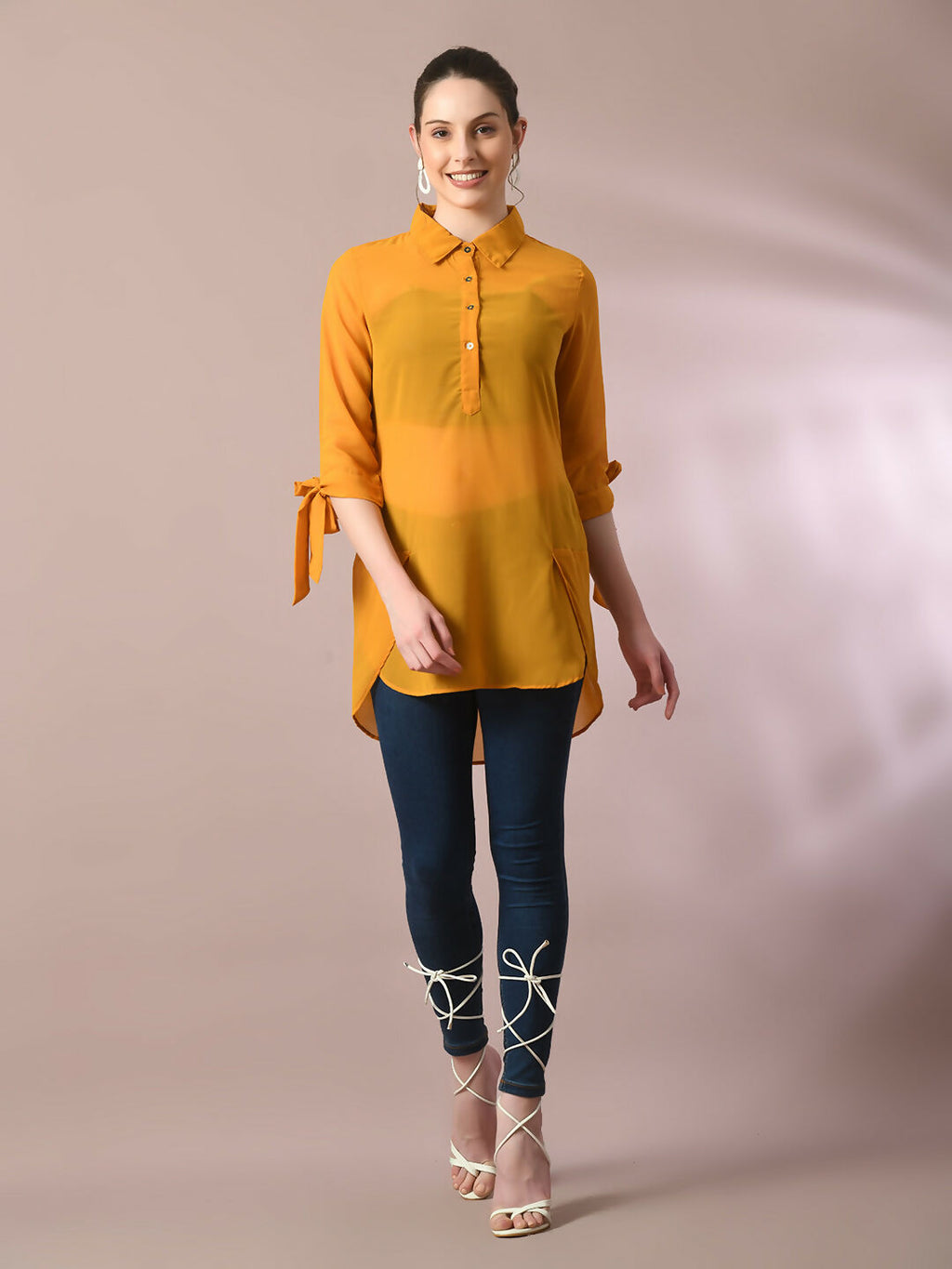 Myshka Women's Yellow Solid Georgette Longline Party Sheer Tunic | Grocsy