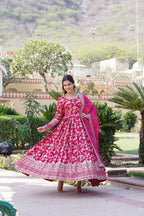 Joban Fashion Pink Viscose Jacquard Sequence Embroidery Work Kurta Set | Grocsy