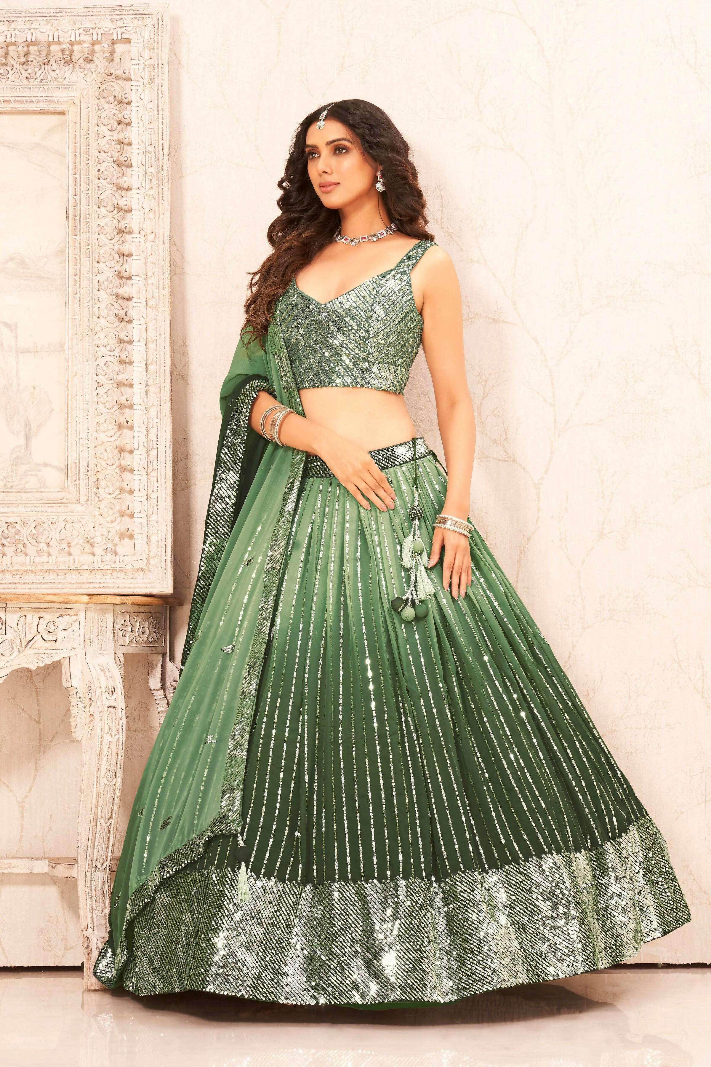 Green Faux Georgette Heavy Sequence work Lehenga Choli with Dupatta - Dhvani | Grocsy