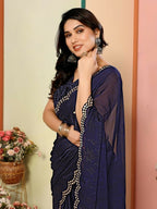 Aafreen Partywear Designer Nevy Blue White Rangoli Fancy Saree | Grocsy