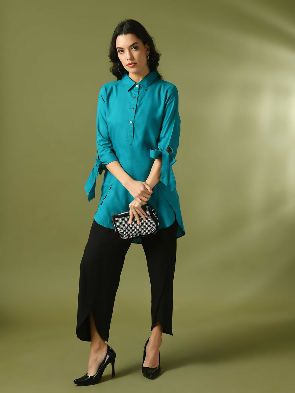 Myshka Women's Turquoise Blue Solid Cotton Longline Party Sheer Tunic | Grocsy