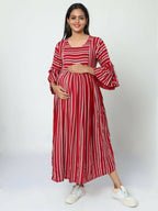 Manet Three Fourth Maternity Dress With Concealed Zipper Nursing Access - Red | Grocsy