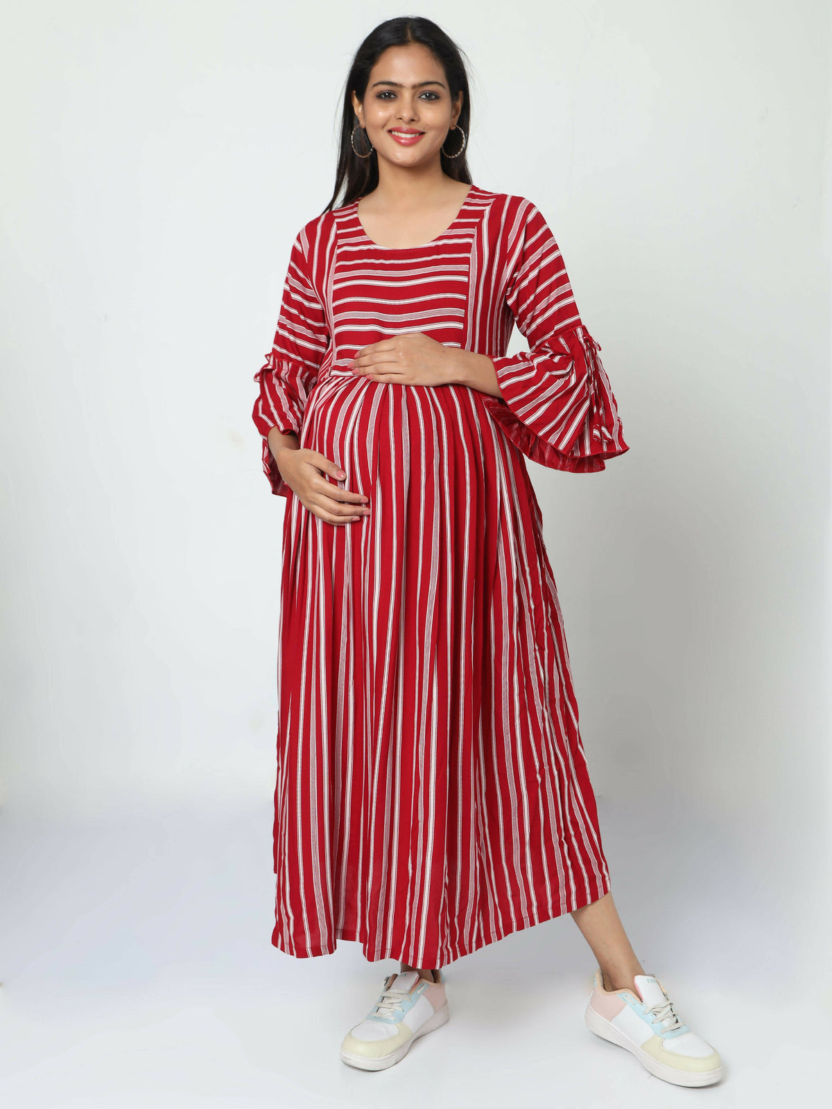 Manet Three Fourth Maternity Dress With Concealed Zipper Nursing Access - Red | Grocsy