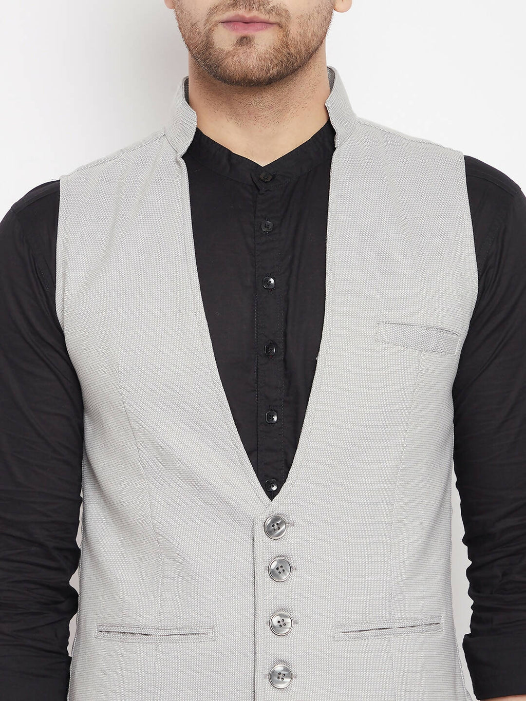 Even Apparels Grey Merino Men Woven Nehru Jacket | Grocsy