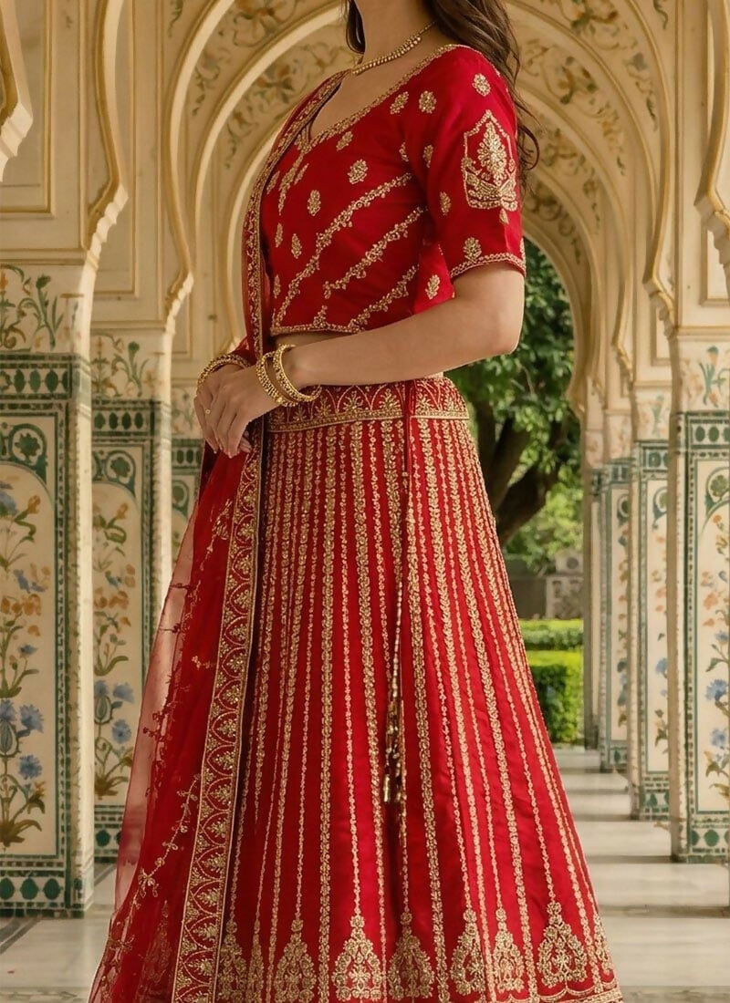 Lehenga Mart Red Heavy Silk With Fusing Designer Bollywood Style Wedding Wear Lehenga Choli | Grocsy