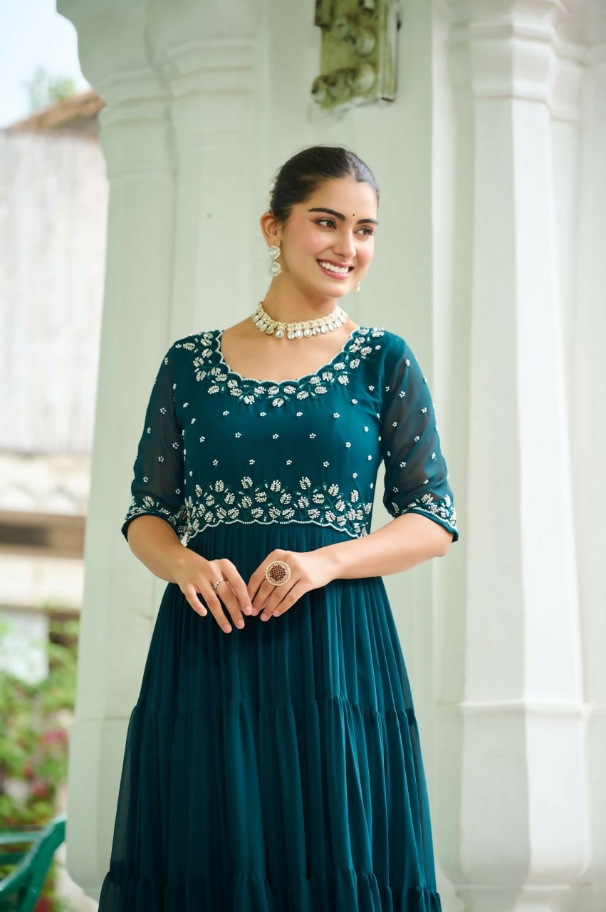 Teeya Creation Rama Color Faux Georgette Hand Embroidery Work Party Wear Gown | Grocsy