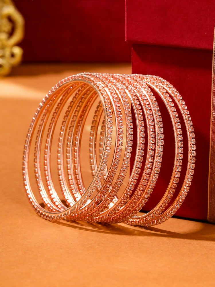 NVR Women Set of 8 American Diamond Rose Gold-Polished Bangles