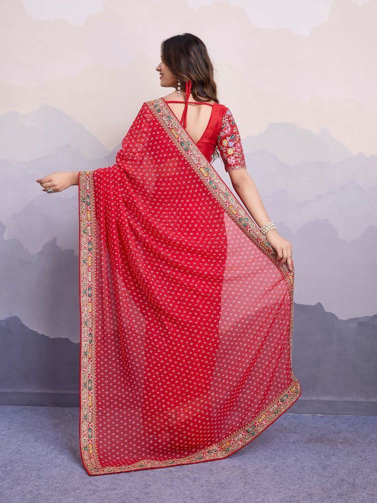 Red Georgette Bandhani Printed,Embroidery Work Saree - Surkhi | Grocsy
