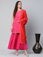 Ahalyaa Pink Crepe Orange khari Print Kurta Sharara Set With Dupatta | Grocsy