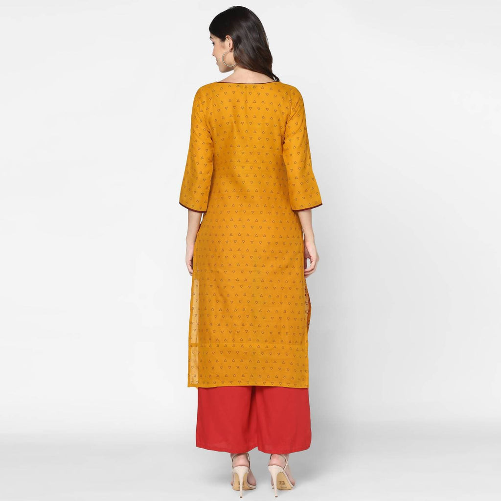 Cheera Hand Block Print Mustard & Red Straight Kurta With Palazzo (MAAI-071K) | Grocsy