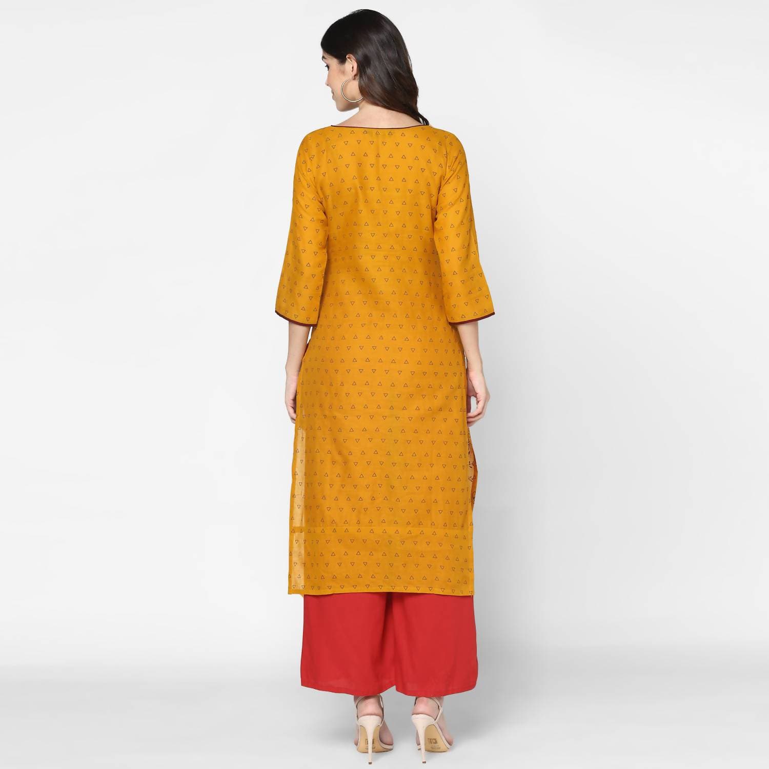 Cheera Hand Block Print Mustard & Red Straight Kurta With Palazzo (MAAI-071K) | Grocsy