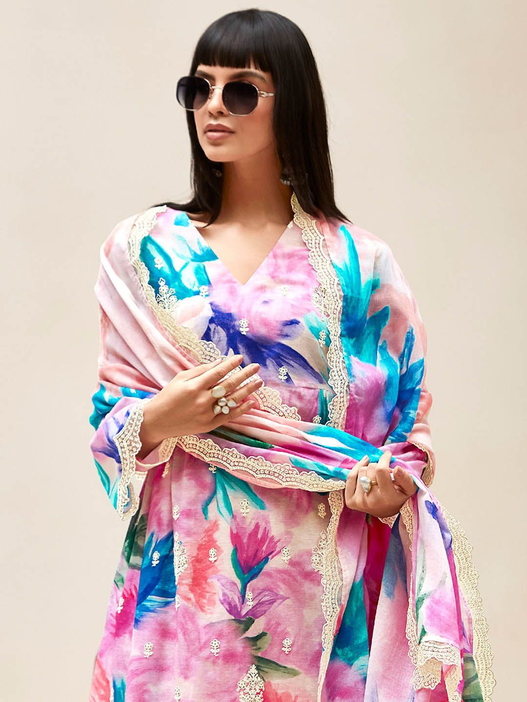 Indo Era Women Floral Embroidered Regular Thread Work Kurta with Trousers & With Dupatta | Grocsy