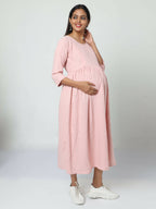 Manet Three Fourth Maternity Dress Striped With Concealed Zipper Nursing Access - Baby Pink | Grocsy