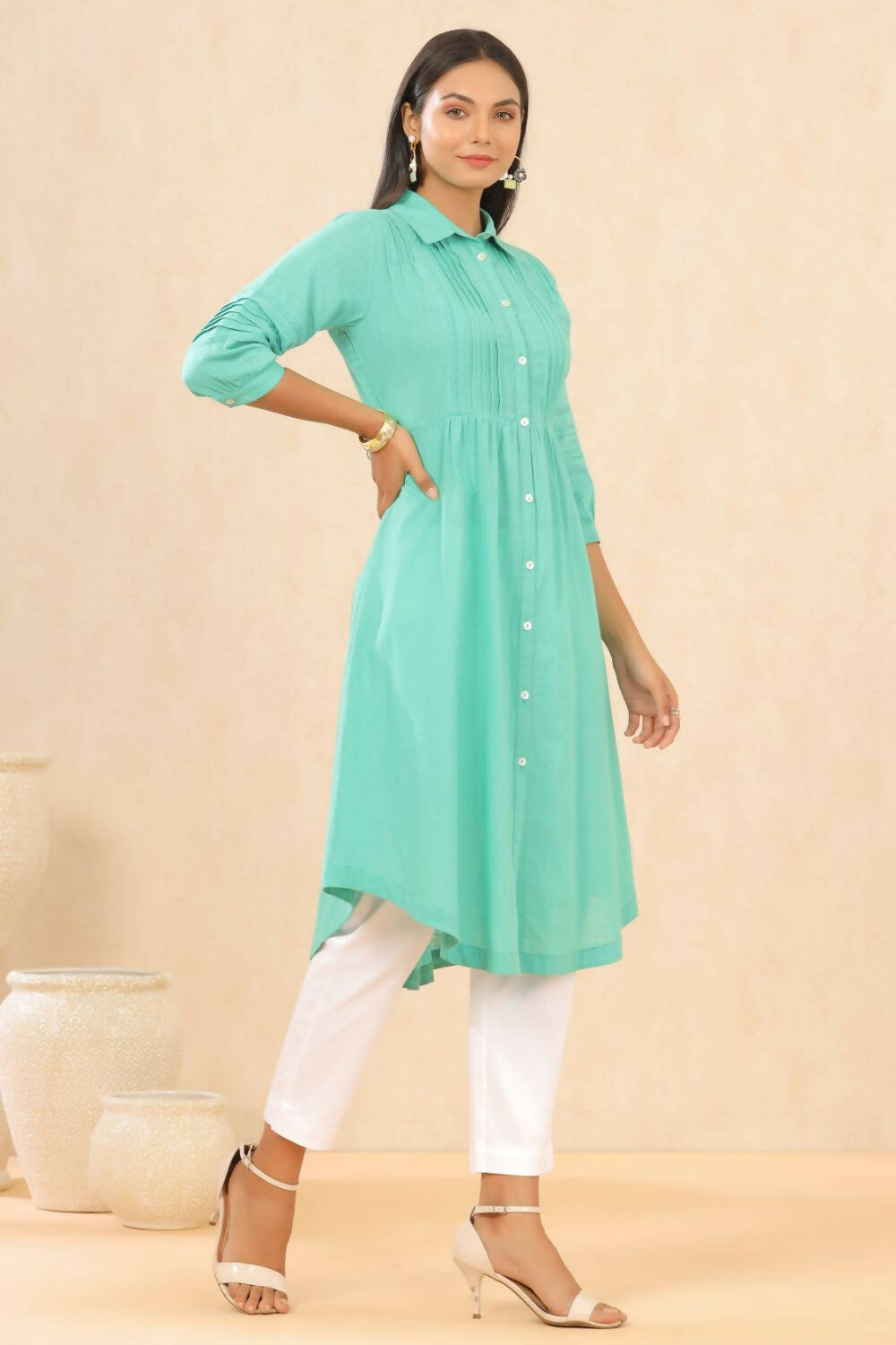 Juniper Womens Blush Turquoise Cotton Slub Solid Mid Length Shirt Dress With Lace Detailing | Grocsy