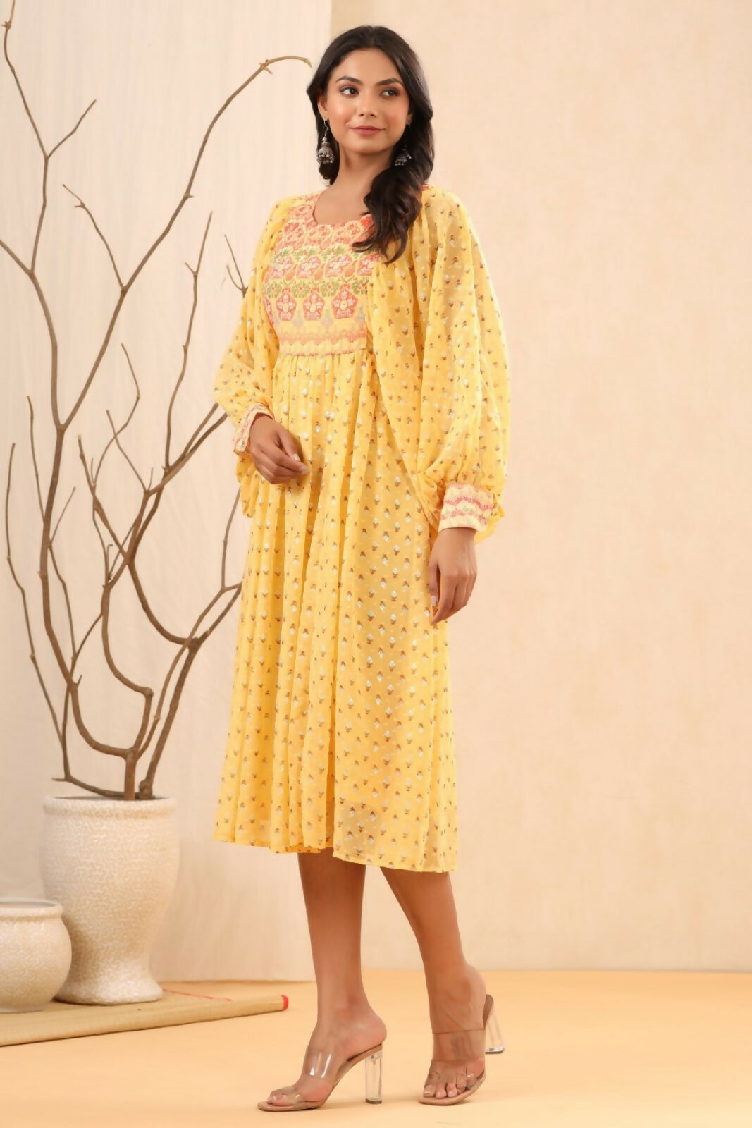 Juniper Yellow Ethnic Motif Printed Georgette Midi Dress With Sequins Work | Grocsy