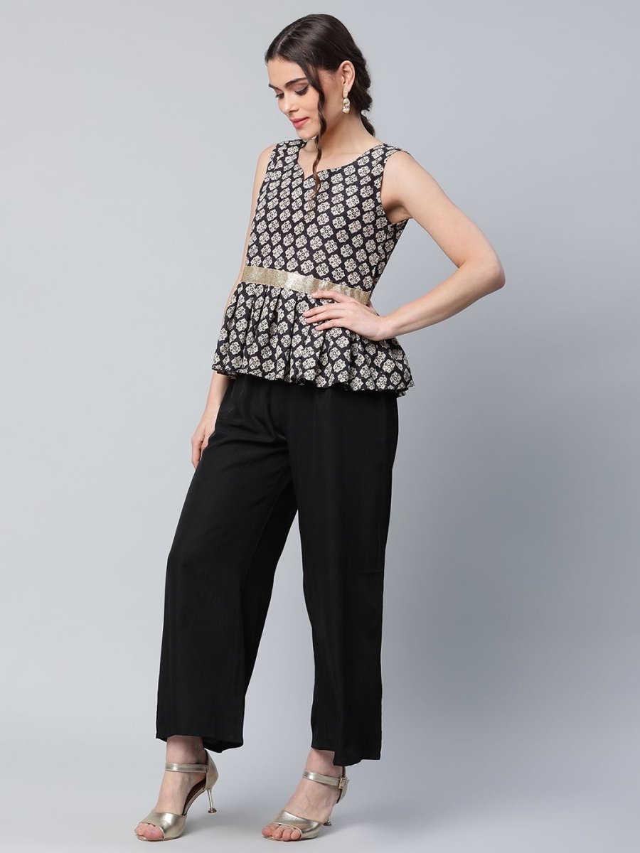 Ahalyaa Women Black Crepe Digital Printed Top with Palazzo Set | Grocsy